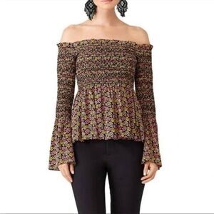 A.L.C. Silk Smocked Off The Shoulder Floral Peplum Top Black Size 4